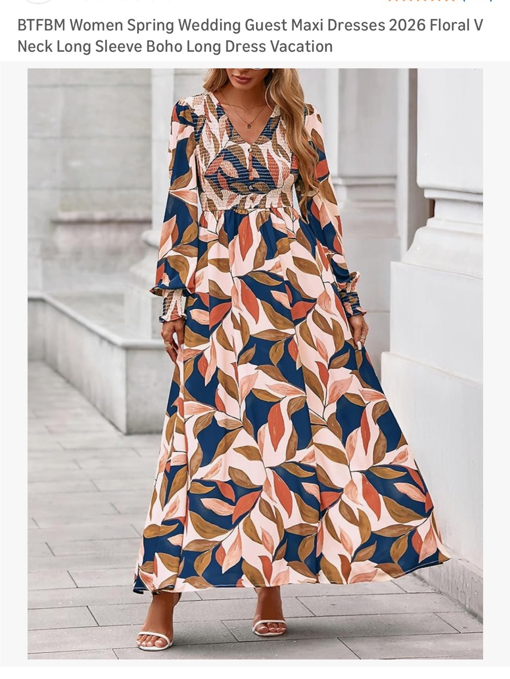 Floral V-Neck Long Sleeve Maxi Dress - Navy/Pink/Brown